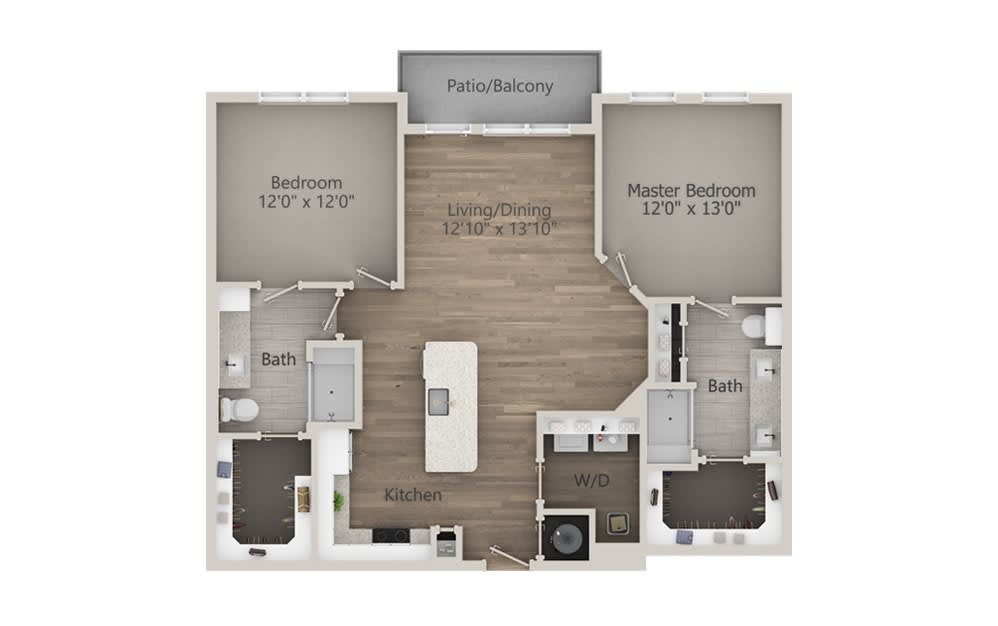 Two-bedroom apartment floor plan with living room, kitchen, bathrooms, and balcony.