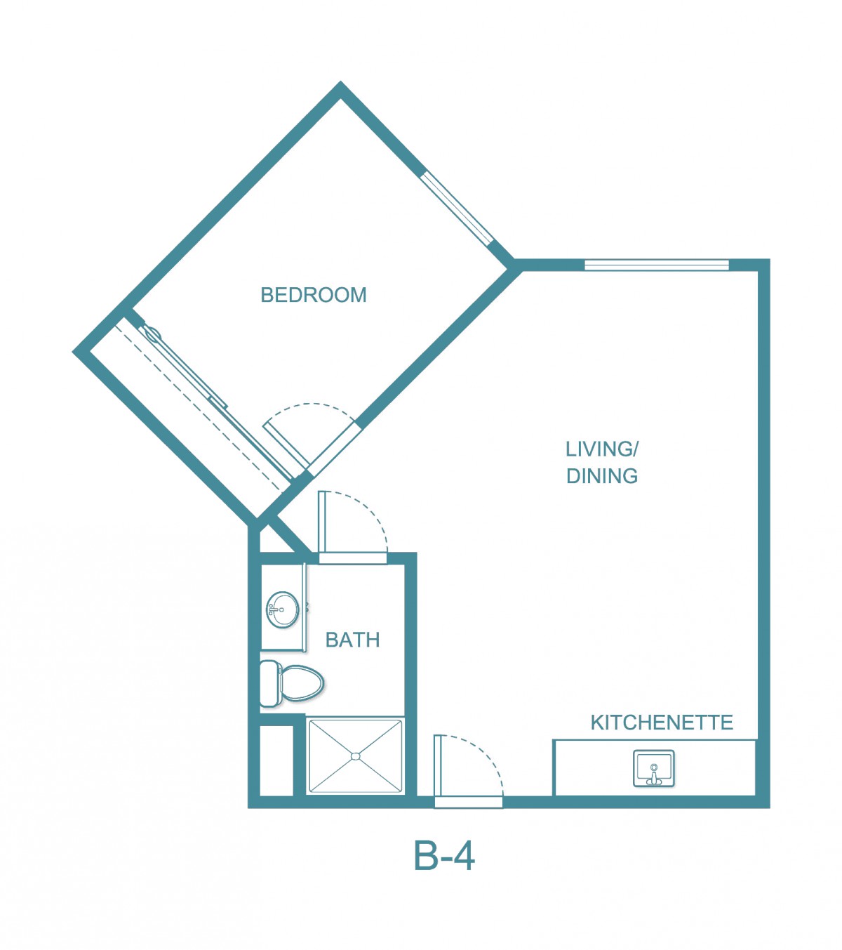 This is a floor plan layout featuring a bedroom, bathroom, kitchenette, and combined living/dining area.