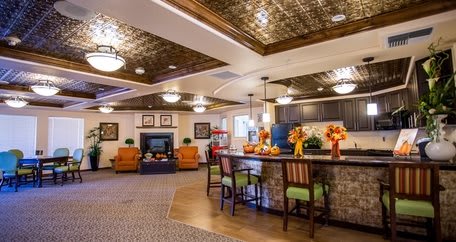 A cozy and inviting lounge area with comfortable seating, a fireplace, and a bar counter adorned with warm decor.