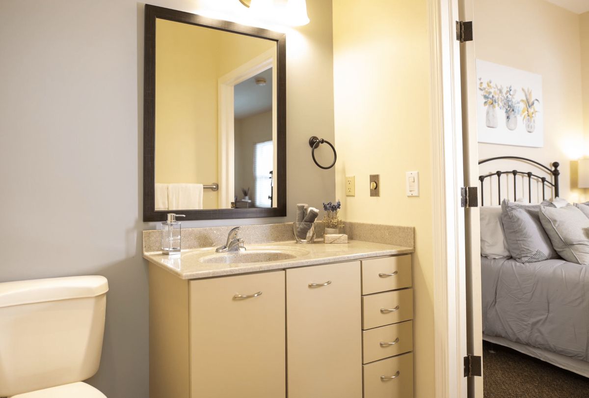 A modern bathroom featuring a sink with a cabinet, a large mirror, and a toilet.