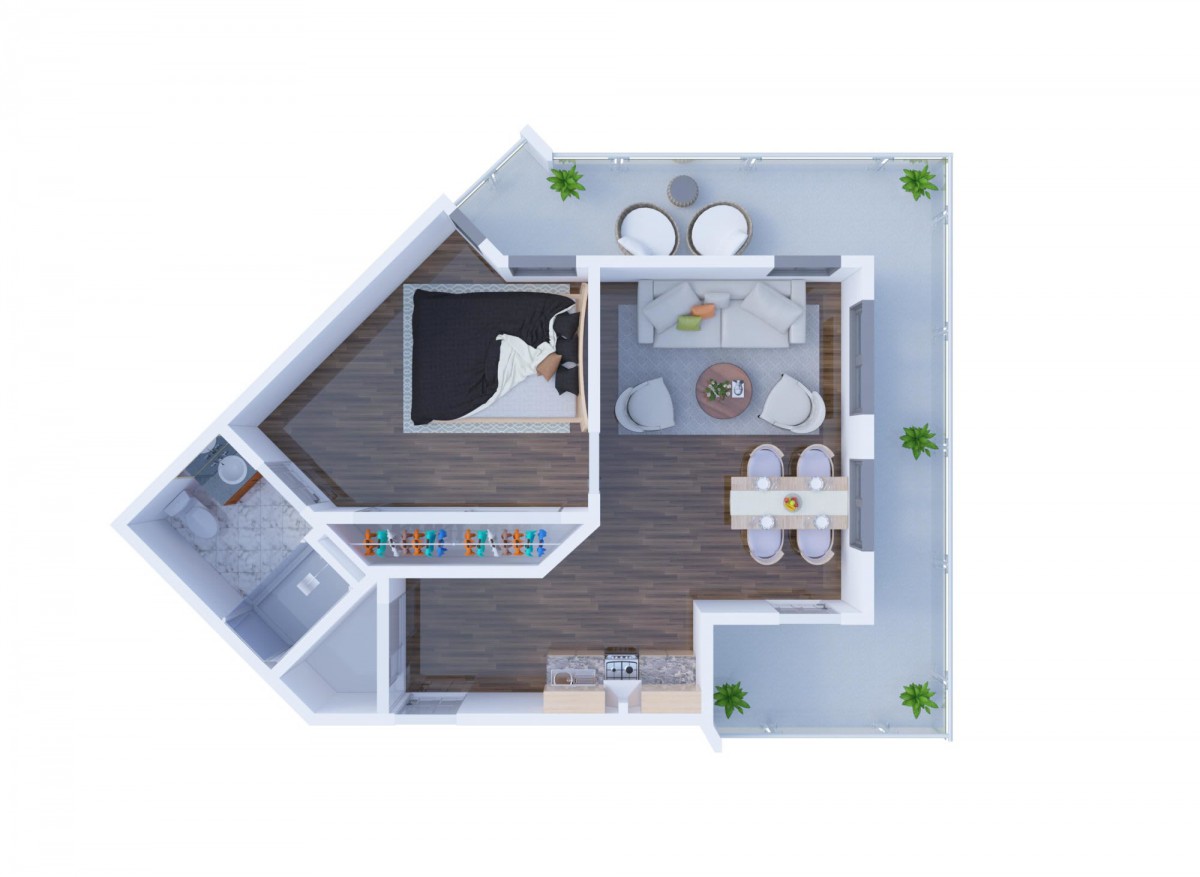 A modern apartment floor plan featuring a bedroom, living room, dining area, and kitchen.