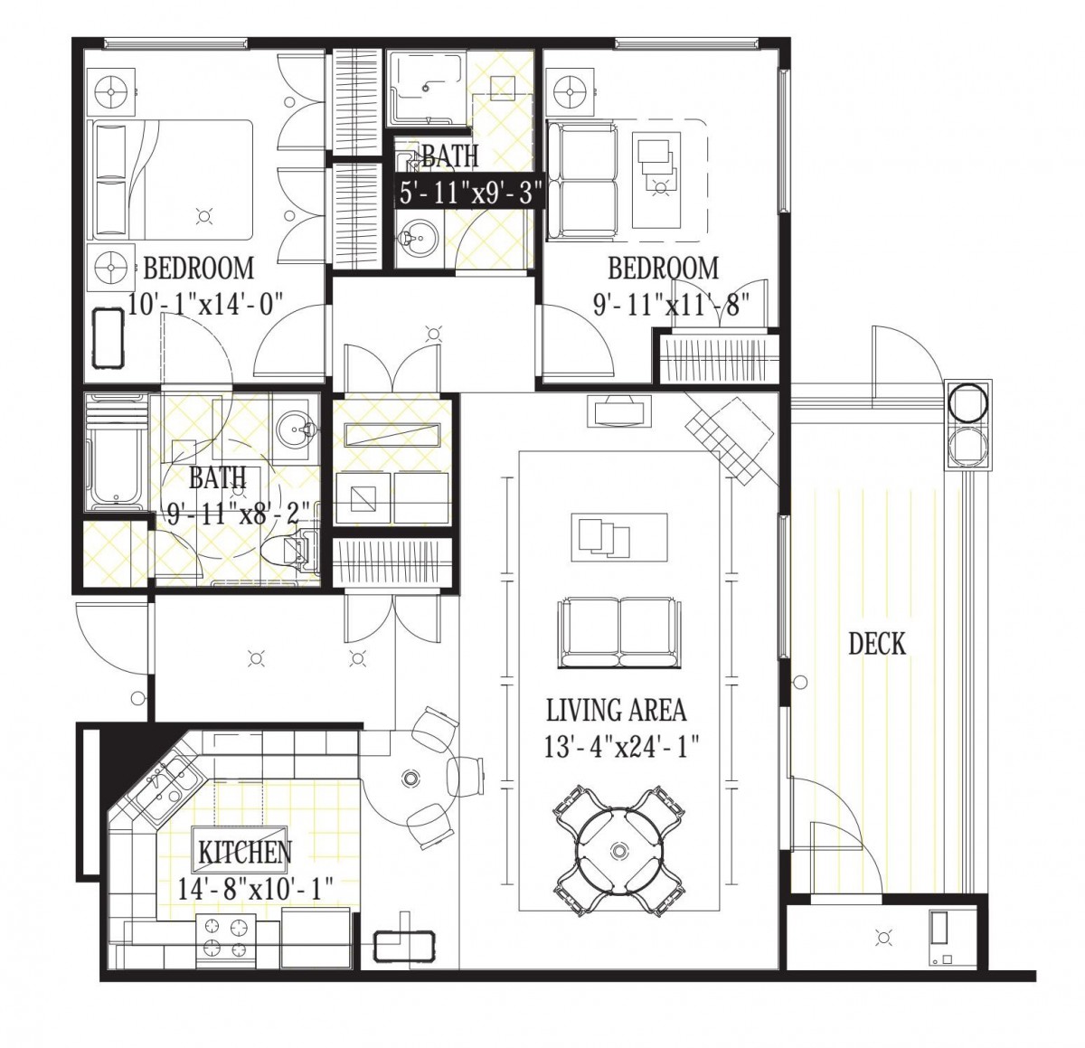 A floor plan of a two-bedroom apartment with a living area, kitchen, bathroom, and deck.