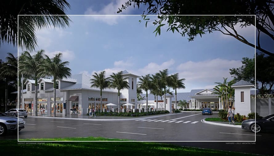 A modern architectural building surrounded by palm trees and a clear blue sky.