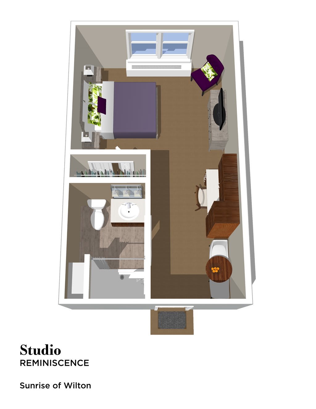 A 3D floor plan of a studio apartment showcasing the layout of the living area, kitchen, and bathroom.