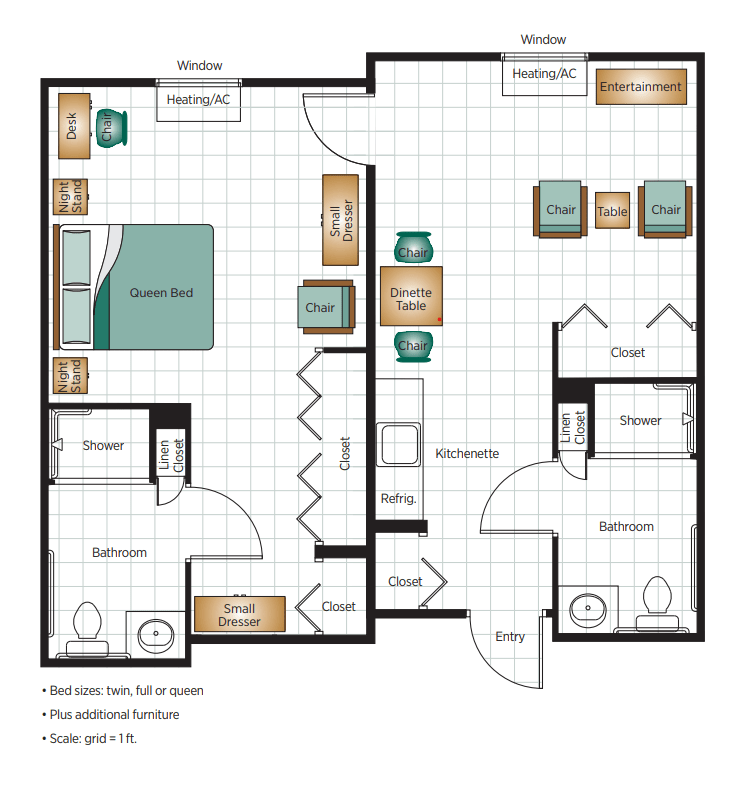 A detailed floor plan of a one-bedroom apartment, featuring a living room, kitchen, and bathroom.