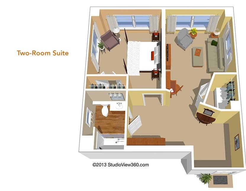 3D floor plan of a two-room suite showing a bedroom, living area, bathroom, and kitchenette.
