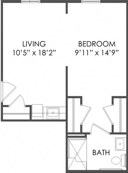 A floor plan showing the layout and dimensions of a living room and bedroom.