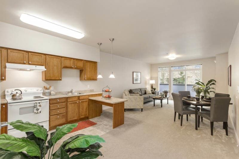 A modern apartment with an open floor plan featuring a kitchen, living room, and dining area.