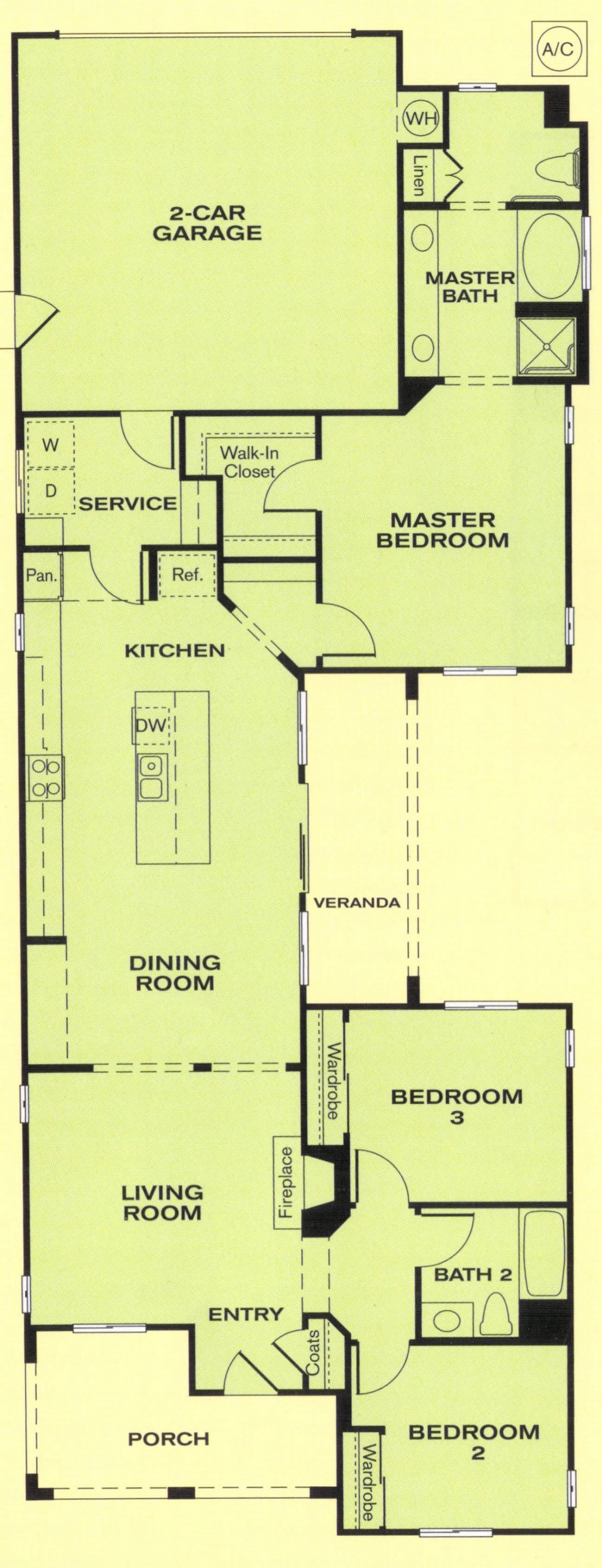 A floor plan showing the layout of a house with a master bedroom, kitchen, dining room, and veranda.