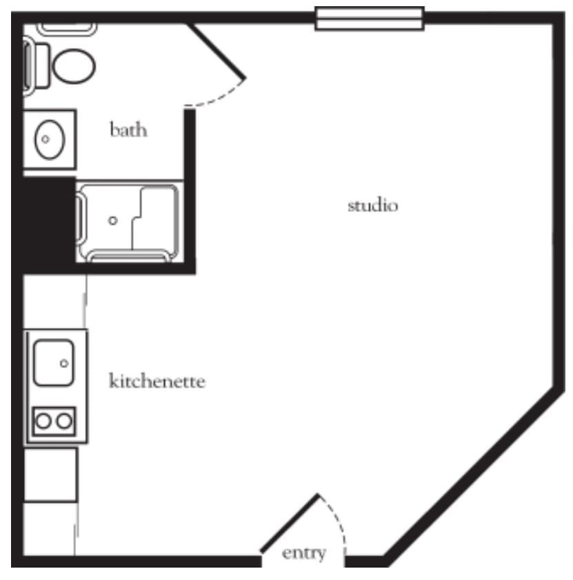 A floor plan of a studio apartment featuring a kitchenette and a bathroom.