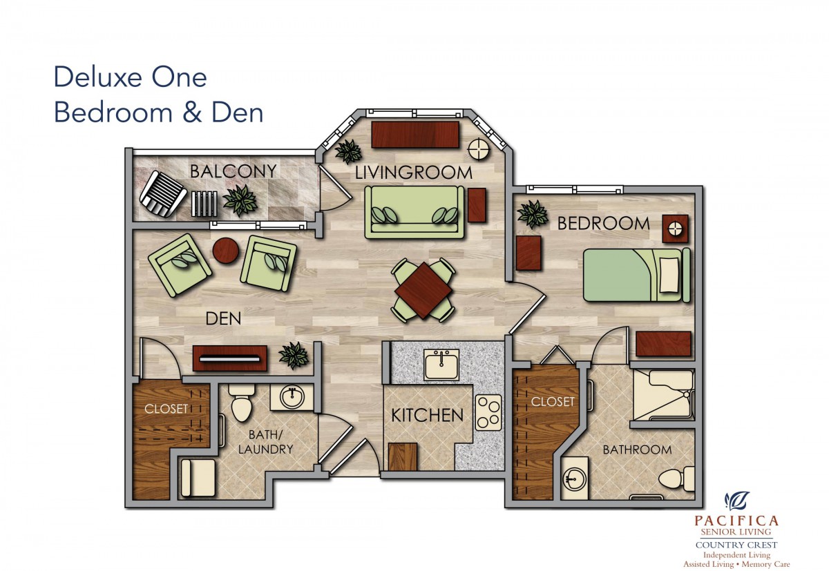 Floor plan of a one-bedroom apartment with a den, living room, kitchen, and bathroom.