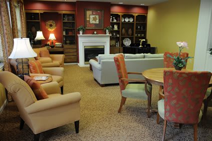 A cozy living room with a fireplace, bookshelves, and comfortable seating areas.