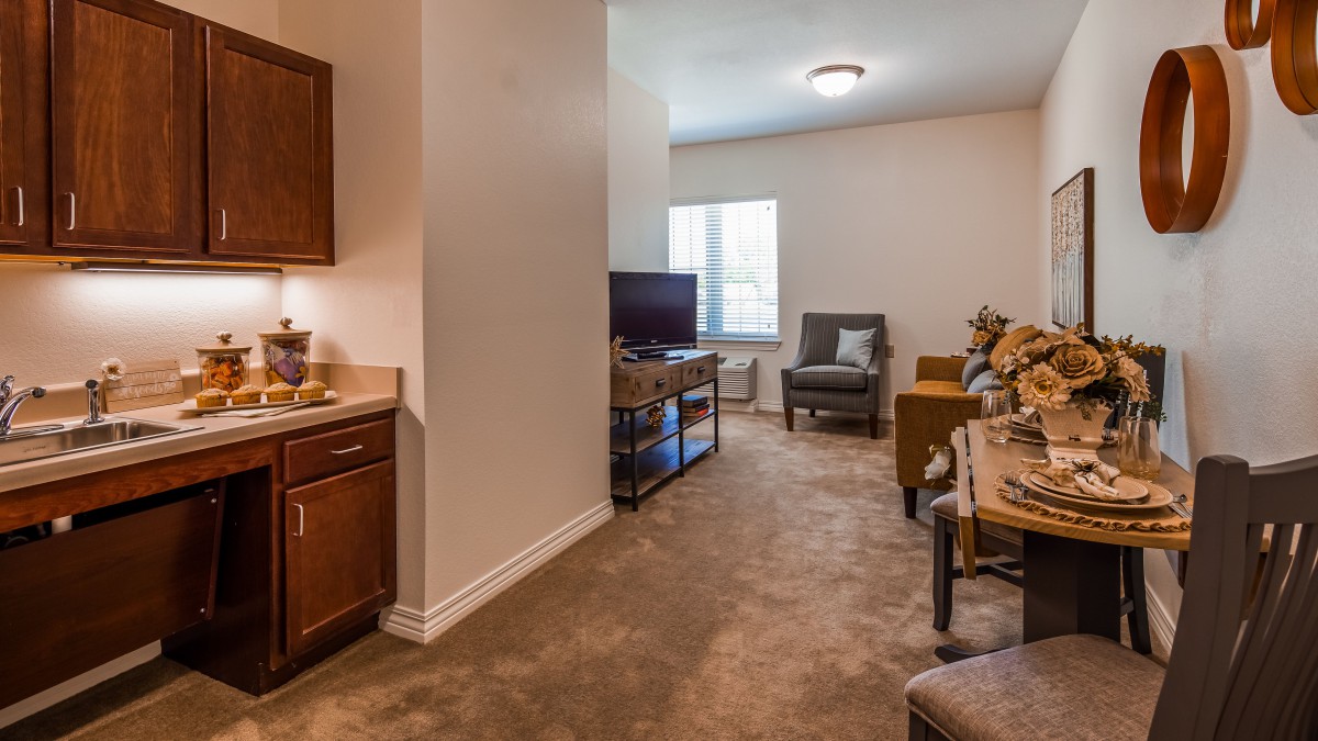 A cozy apartment living room with a kitchenette, featuring comfortable seating and a television.