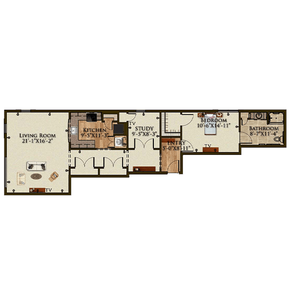 A detailed floor plan illustrating the layout of rooms and spaces in a residential dwelling.
