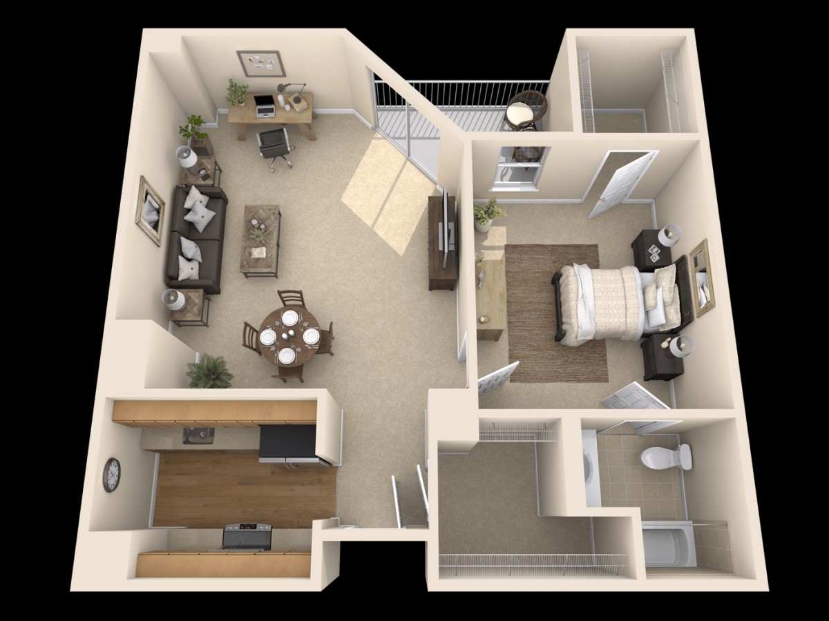 A 3D floor plan of a one-bedroom apartment featuring a living room, kitchen, bedroom, bathroom, and balcony.