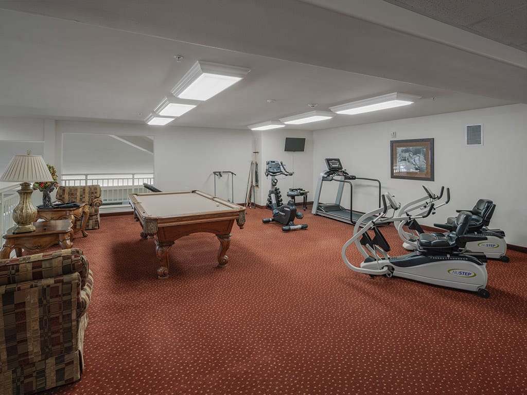 A multi-purpose room featuring gym equipment and a pool table on a carpeted floor.