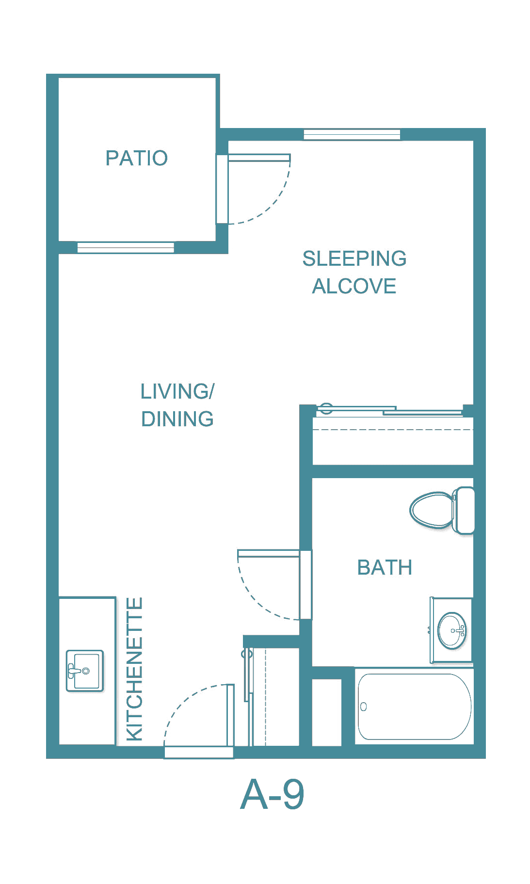 Studio apartment floor plan showing living/dining area, sleeping alcove, kitchenette, and bathroom.