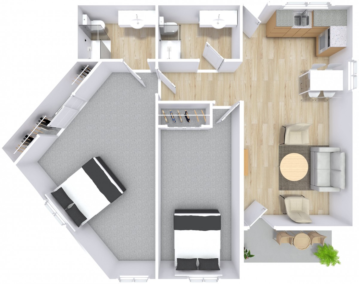 A detailed floor plan of a two-bedroom apartment showcasing living spaces and bathroom areas.