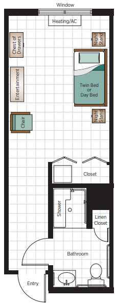 A room floor plan featuring a day bed, chair, closet, and shower.