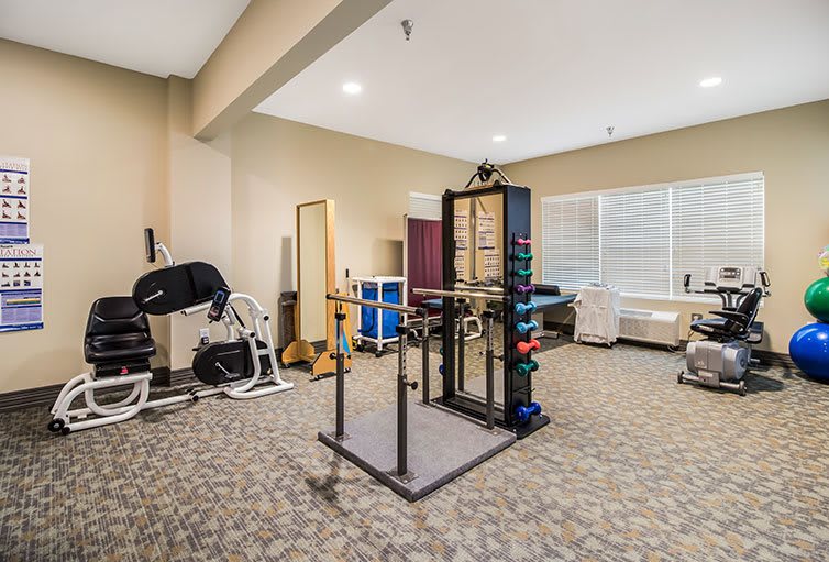 A spacious gym with a variety of exercise equipment for fitness enthusiasts.
