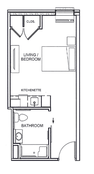 A floor plan of a studio apartment featuring a living/bedroom area, kitchenette, and bathroom.