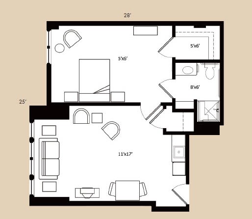 A floor plan featuring a one-bedroom apartment with a living room, kitchen, and bathroom.