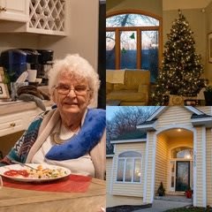 A collage showing an elderly woman in a kitchen, a decorated living room with a Christmas tree, and the exterior of a house.