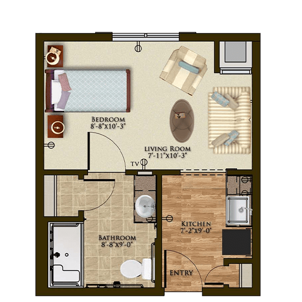 A floor plan of a one-bedroom apartment featuring a living room, kitchen, and bathroom.