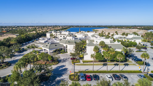 Aerial view of a luxurious waterfront resort featuring modern architecture and lush palm landscaping.