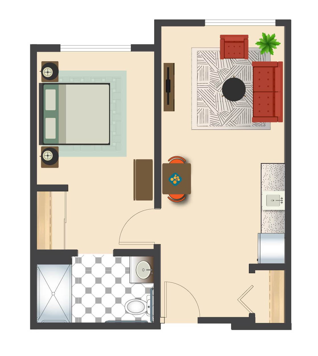 A compact 1-bedroom apartment floor plan featuring a living room, bedroom, bathroom, and kitchenette.