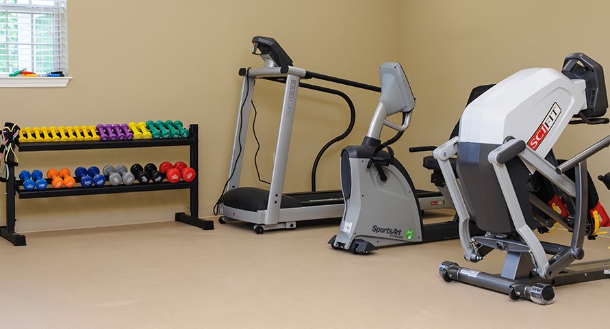 A gym with exercise equipment including a treadmill, stationary bike, and dumbbells.