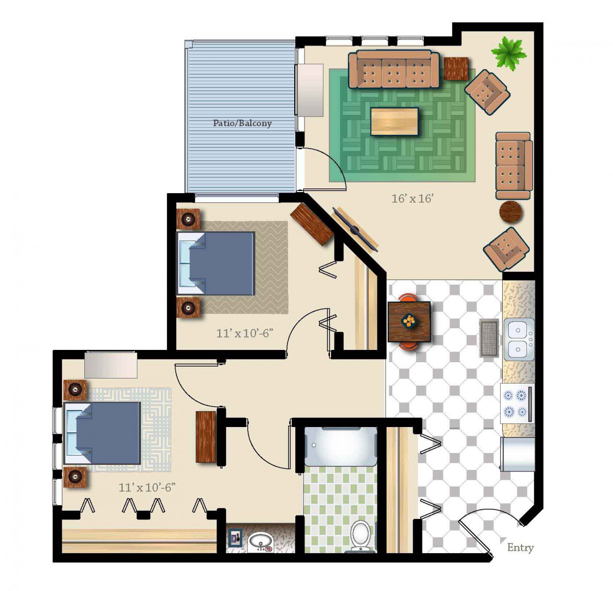 A floor plan of a two-bedroom apartment featuring a living room, kitchen, and bathroom.