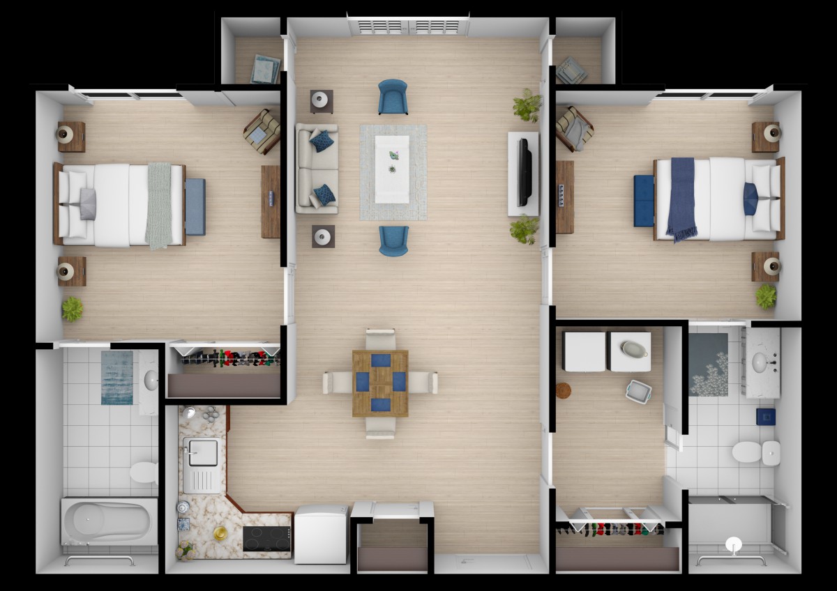 A modern 2-bedroom apartment floor plan featuring a spacious living room, kitchen, and dining area.