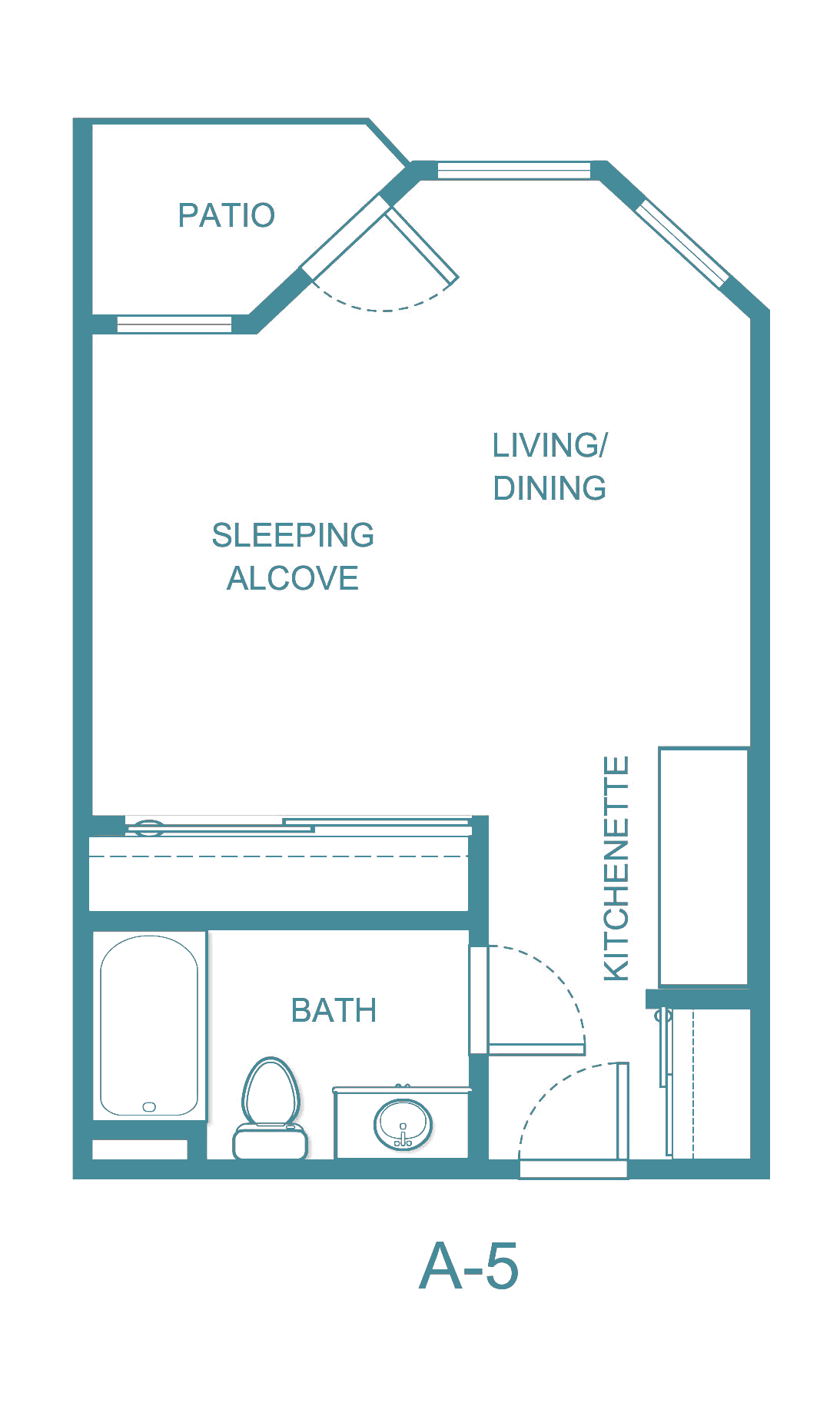 Floor plan of a studio apartment with a living/dining area, sleeping alcove, kitchenette, and bathroom.
