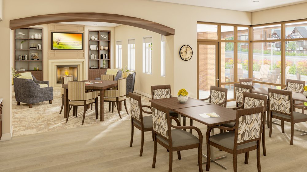 A modern dining area with elegant furnishings, featuring several tables and chairs bathed in natural light.