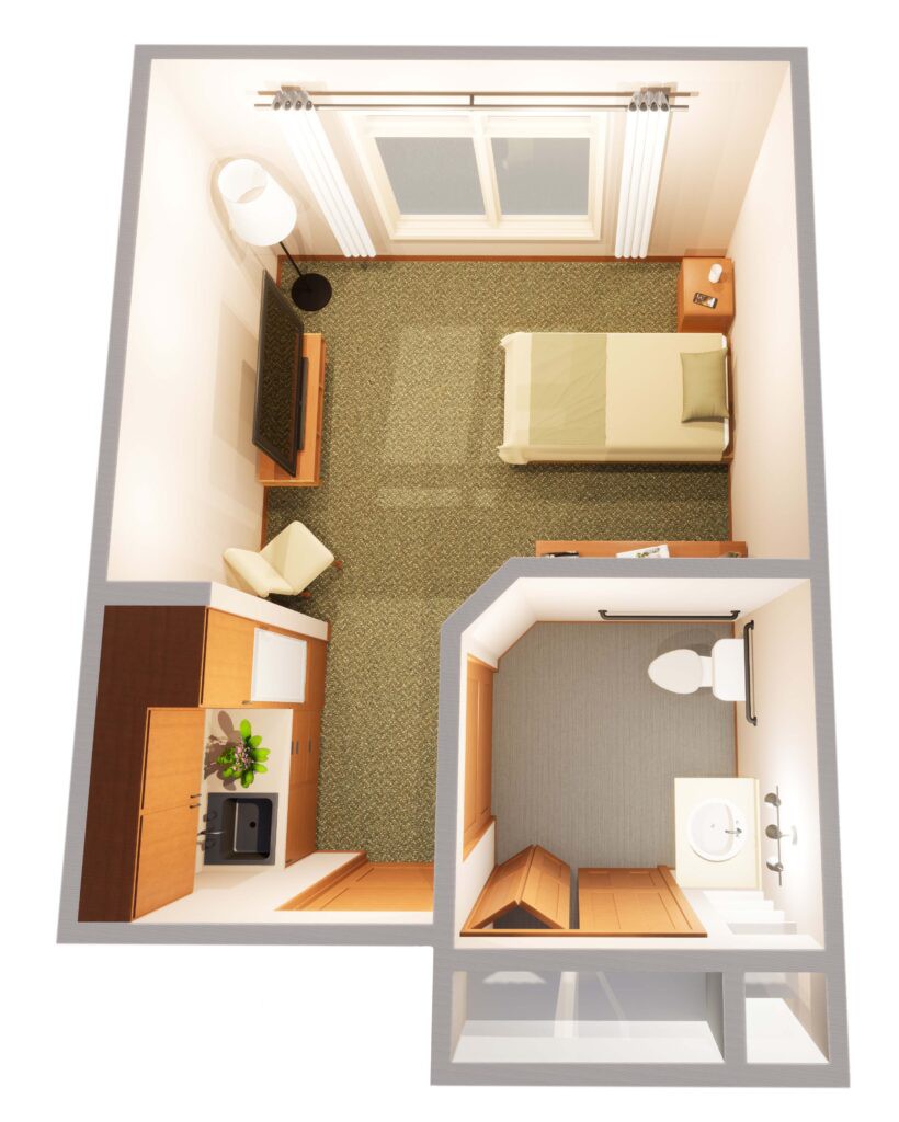 A compact studio apartment floor plan with a bedroom, bathroom, and kitchenette.