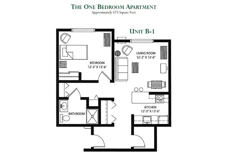 A floor plan of a one-bedroom apartment featuring a kitchen, living room, bedroom, and bathroom.