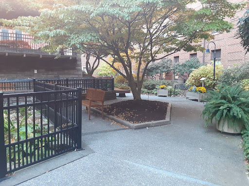 A tranquil garden space featuring benches and lush greenery, inviting relaxation in an urban setting.