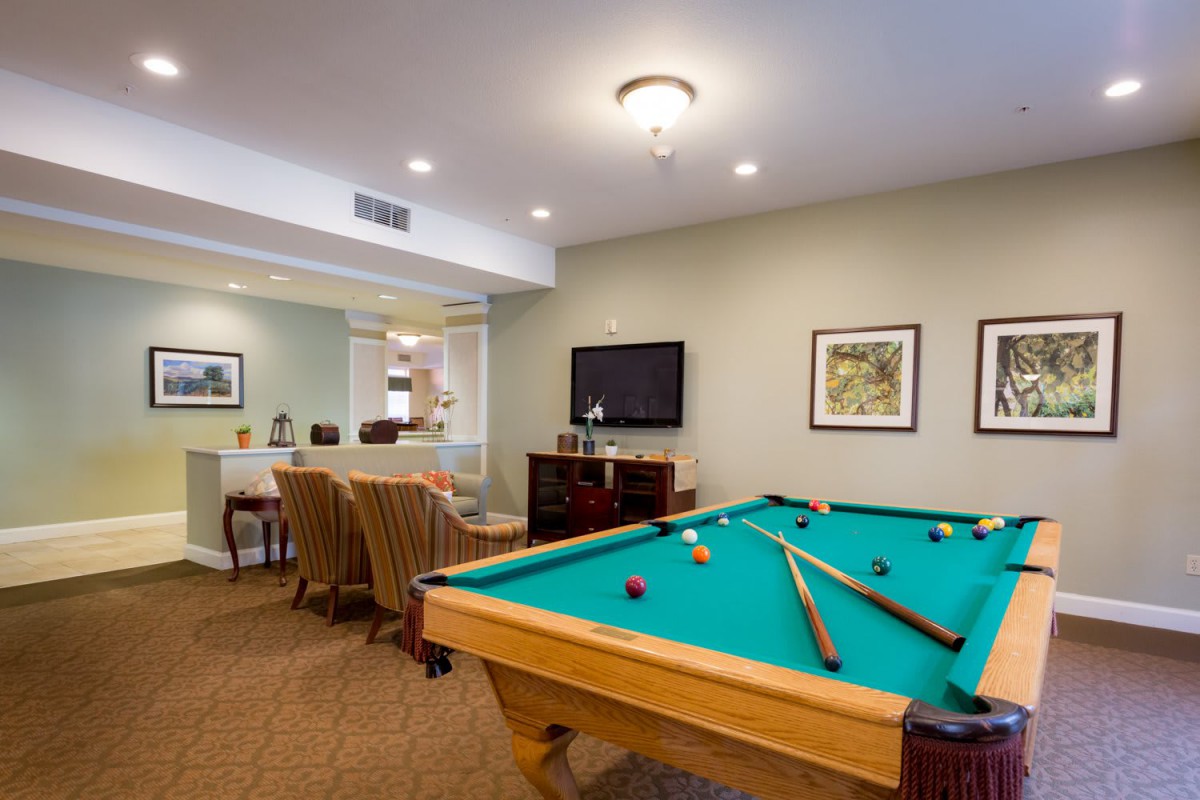 A cozy recreation room featuring a pool table, television, and comfortable seating area.