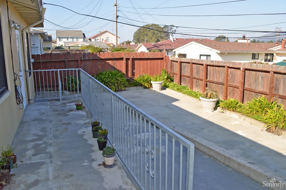 A simple backyard with a patio, potted plants, and wooden fence on a sunny day.