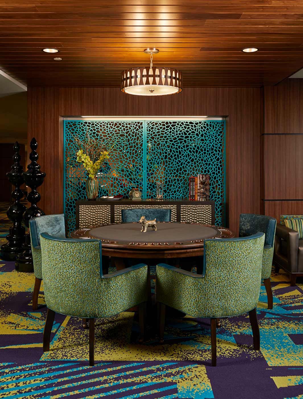 A modern dining area with stylish furniture and contemporary decor.