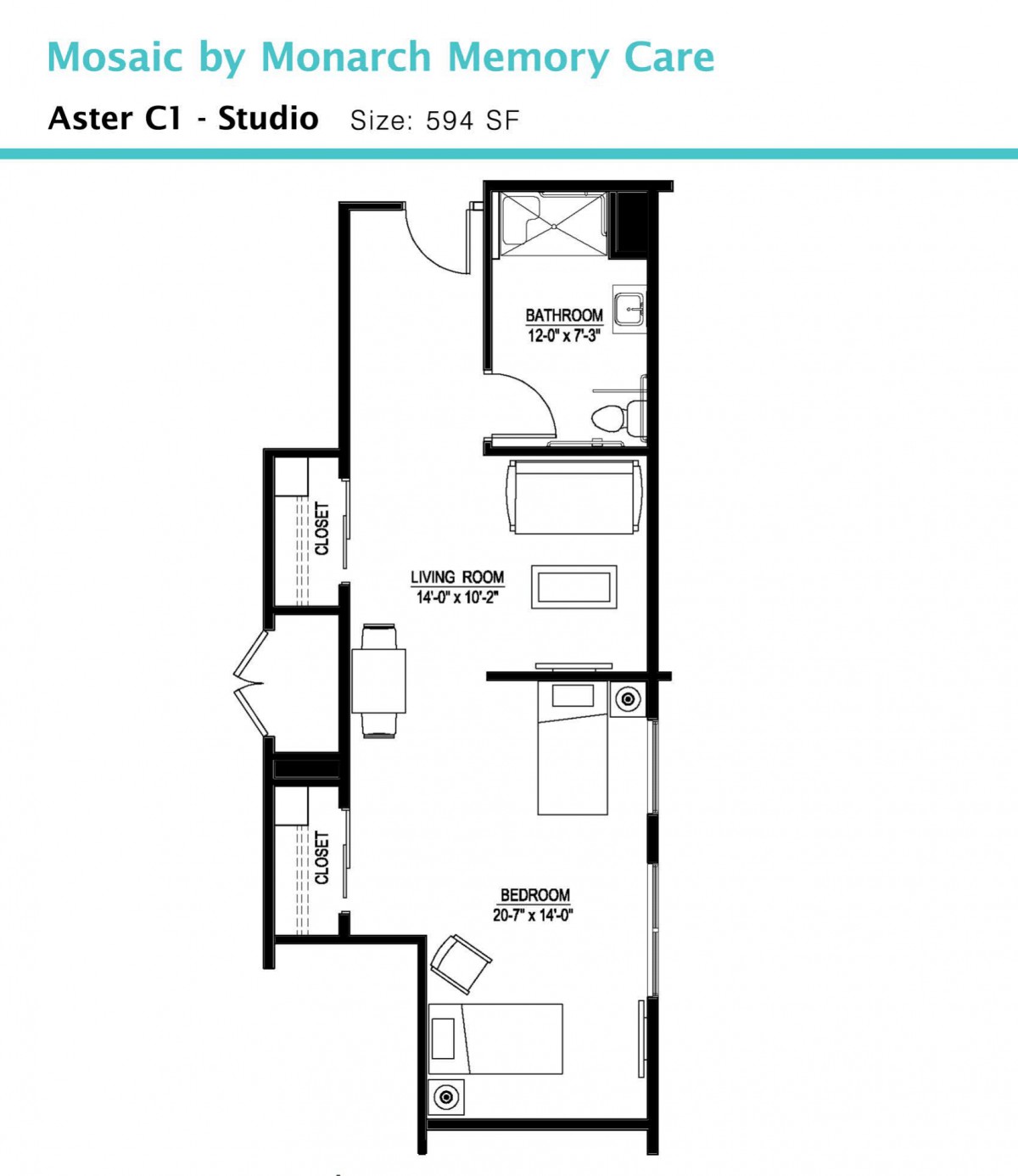 A floor plan of a studio apartment labeled as 'Aster C1' with an area of 585 sq ft.