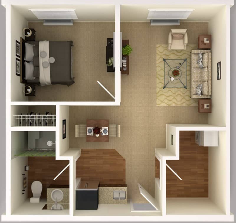 A 1-bedroom apartment floor plan showcasing a living room, kitchen, and bathroom.