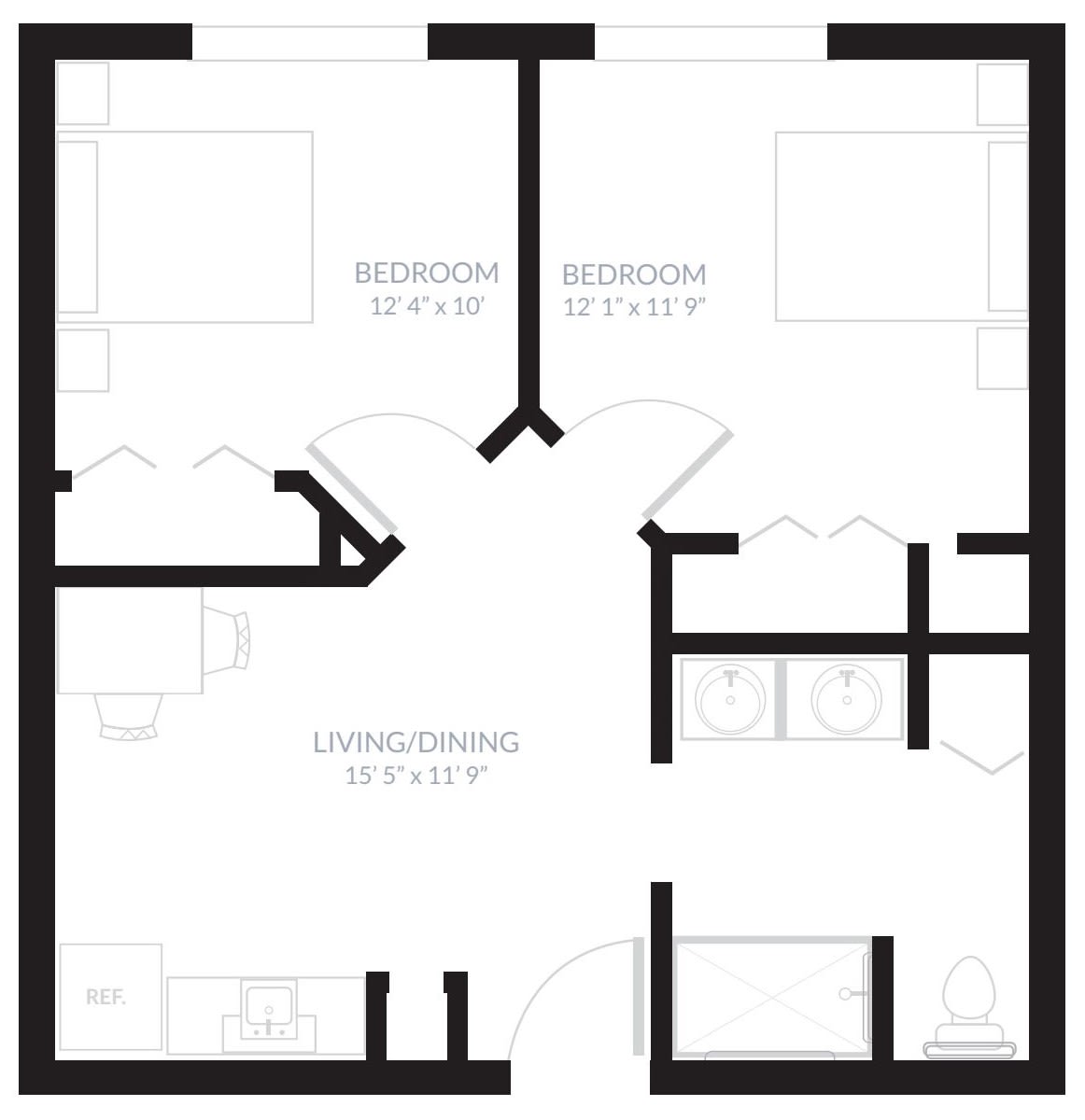 A floor plan of a two-bedroom apartment with a living/dining area and two bathrooms.