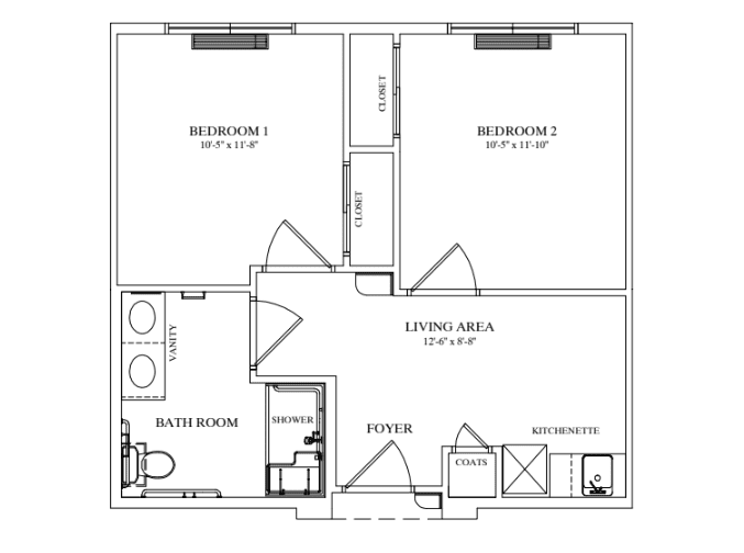 A detailed floor plan of a two-bedroom apartment, featuring a living area, bathroom, and kitchen.
