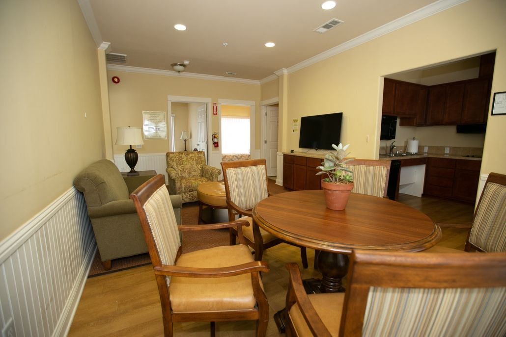 A cozy living and dining area featuring a wooden table, chairs, a sofa, and a TV with an indoor plant on the table.