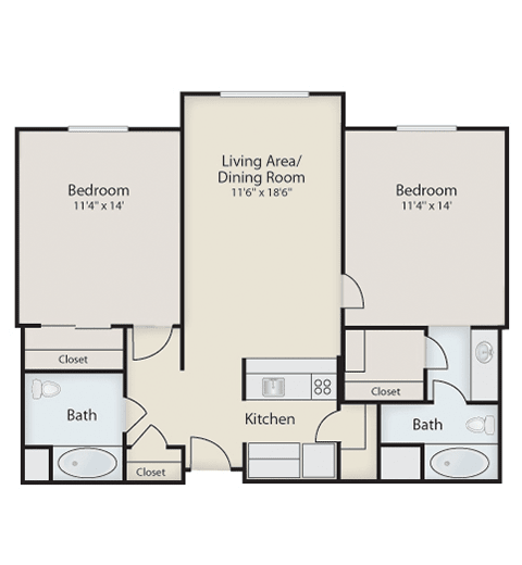 A floor plan of a two-bedroom, two-bathroom apartment with a living and dining area.