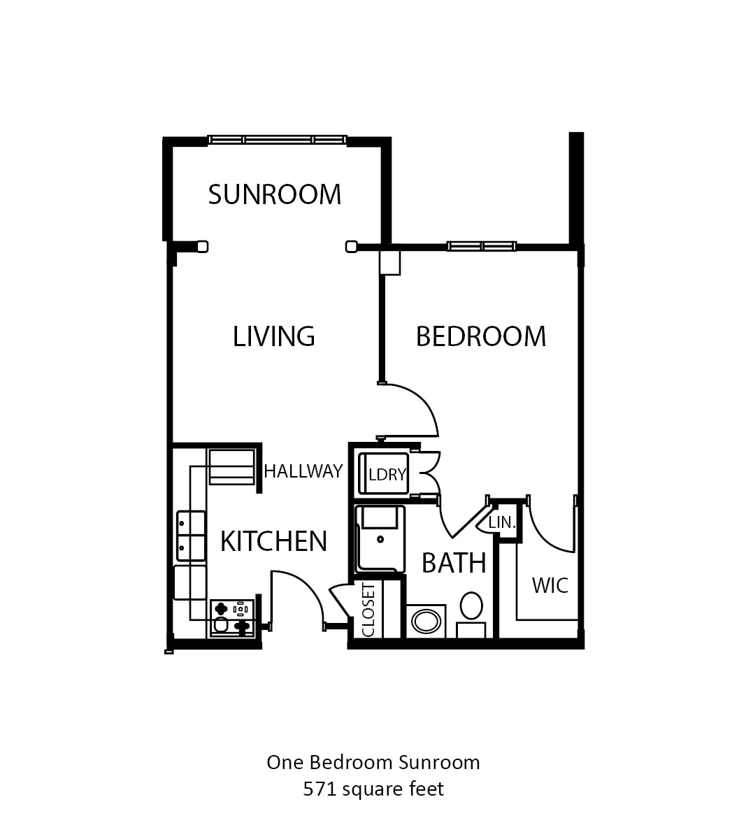 Floor plan of a one-bedroom apartment with a sunroom, living area, kitchen, and bathroom.