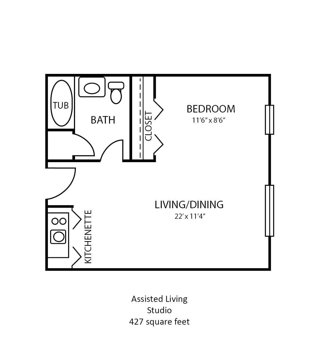 Studio apartment floor plan with living/dining area, bedroom, bathroom, and kitchenette.