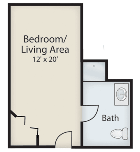 Floor plan of a studio apartment with a combined bedroom and living area, and a separate bathroom.